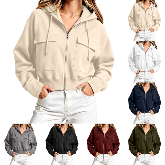 Women's Cropped Zip‑up Hoodie Jacket, Long Sleeve Drawstring Hooded Jacket with Flap Cargo Pockets, Loose Casual Sweatshirt for Fall Daily Beige L