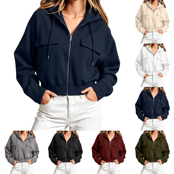 Women's Cropped Zip‑up Hoodie Jacket, Long Sleeve Drawstring Hooded Jacket with Flap Cargo Pockets, Loose Casual Sweatshirt for Fall Daily Blue S