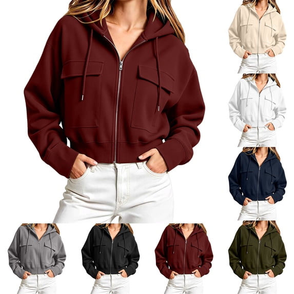 Women's Cropped Zip‑up Hoodie Jacket, Long Sleeve Drawstring Hooded Jacket with Flap Cargo Pockets, Loose Casual Sweatshirt for Fall Daily Red 3XL
