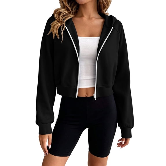 Women's Cropped Zip up Hoodie with Pockets Ruched Waist Crop Sweatshirt Jacket Fall Raglan Hooded Sweatshirts