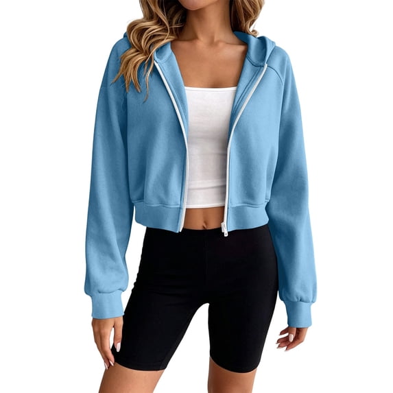 Women's Cropped Zip up Hoodie with Pockets Ruched Waist Crop Sweatshirt Jacket Fall Raglan Hooded Sweatshirts