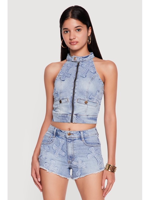 Women's Cross Applique Zip Front Denim Crop Top