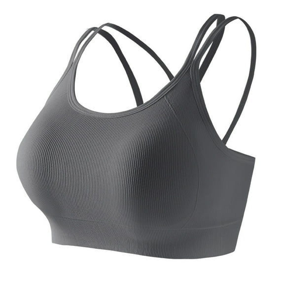 Women's Cross Back Sports Bra No Underwire Push Up Seamless Wireless Padded Strappy Medium Support Yoga Bra (L, Gray)