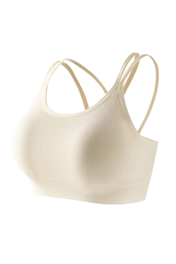 Women's Cross Back Sports Bra No Underwire Push Up Seamless Wireless Padded Strappy Medium Support Yoga Bra (XL, White)