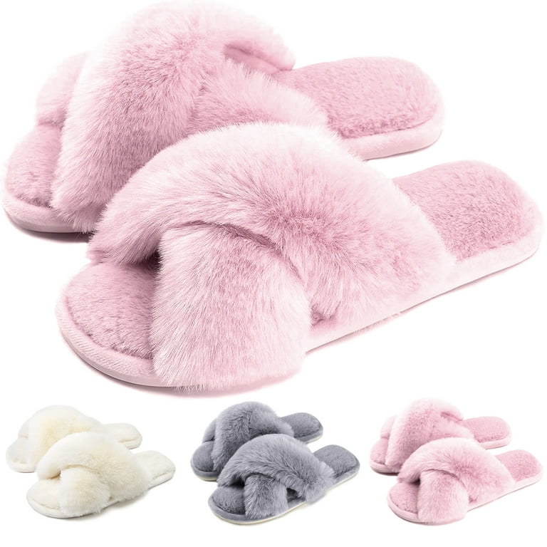 Women's Cross Band Slippers Soft Plush Furry Cozy Open Toe House