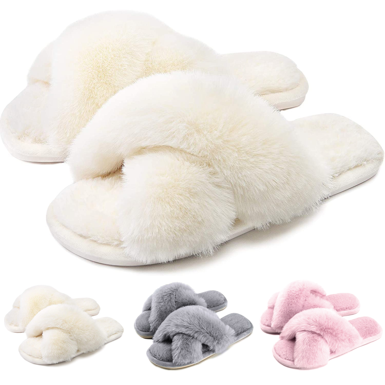 Women's Cross Band Slippers Soft Plush Furry Cozy Open Toe House Shoes Indoor Outdoor Faux Rabbit Fur Warm Comfy Slip On Breathable - image 1 of 7