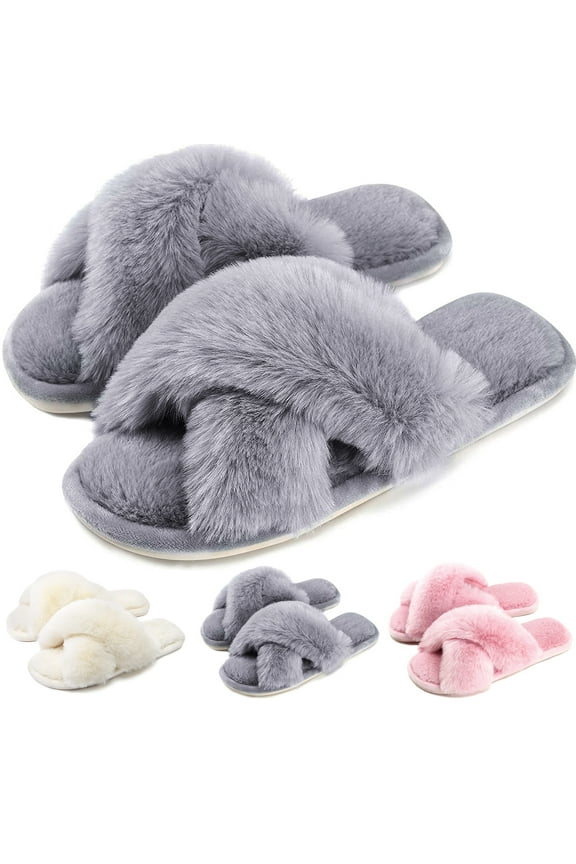 Women's Cross Band Slippers Soft Plush Furry Cozy Open Toe House Shoes Indoor Outdoor Faux Rabbit Fur Warm Comfy Slip On Breathable
