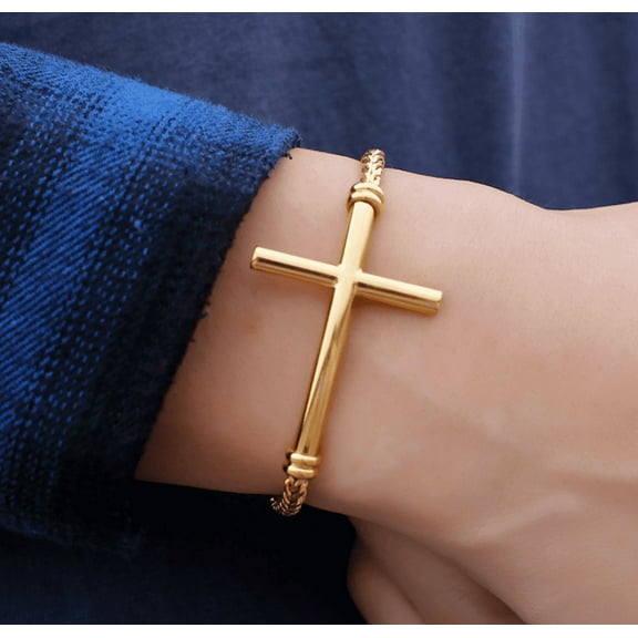 Women's Cross Bracelet,14K Yellow Gold Vintage Charm Beaded Bracelets,Religious Prayer Jewelry Gifts