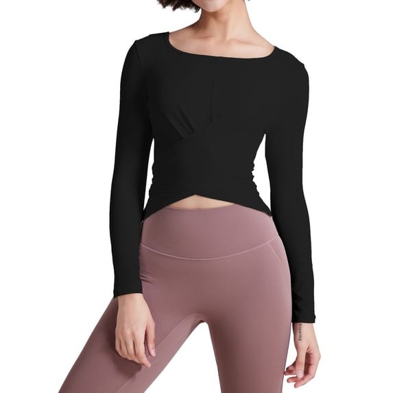 Women's Cross Button Slim Slim Long Sleeve Pilates Running Exercise Top T-Shirt Black Large