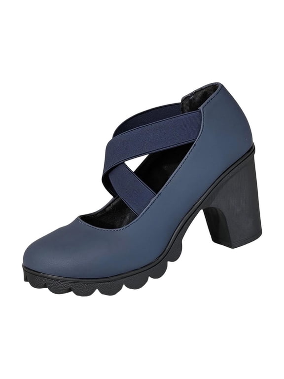 Women’s Cross Elastic Strap Mary Jane Heels, Round Toe Thick Block Heel Platform Pumps, Slip On Crisscross Strap Dress Shoes Blue 5.5(36)
