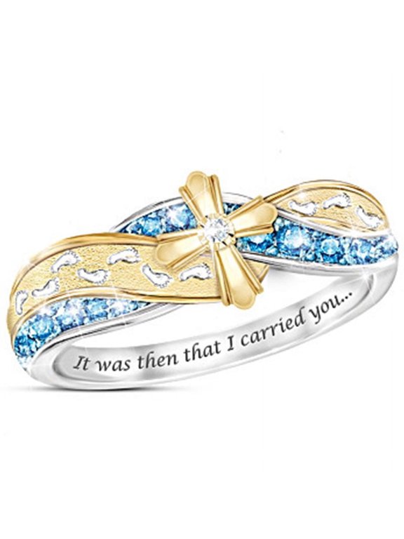 Women's Cross & Footprint Ring, Two Tone with Blue Gemstone, Geometric Band, Size 6, Fashion , Meaningful Gift