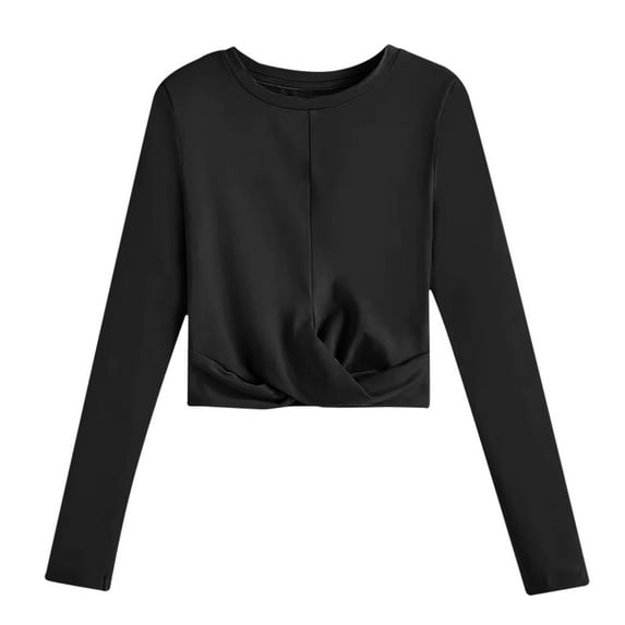 Women's Cross Front Cropped Blouses Round-Neck Long Sleeve Crop Knit Tops Slim Fit Knitted Pullover Jumper Tees