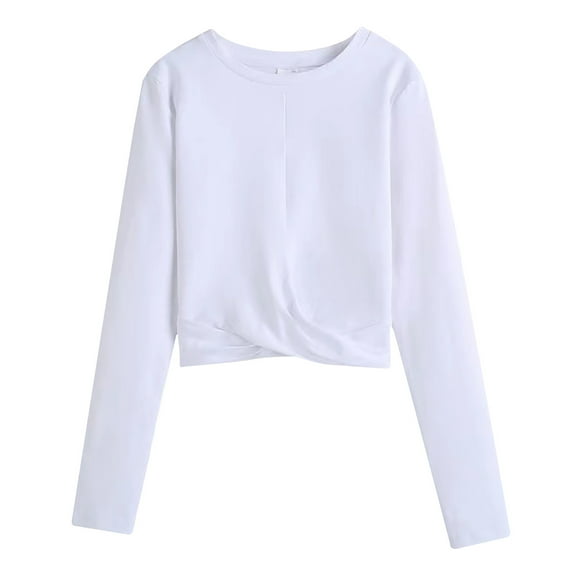 Women's Cross Front Cropped Blouses Round-Neck Long Sleeve Crop Knit Tops Slim Fit Knitted Pullover Jumper Tees