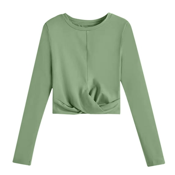 Women's Cross Front Cropped Blouses Round-Neck Long Sleeve Crop Knit Tops Slim Fit Knitted Pullover Jumper Tees