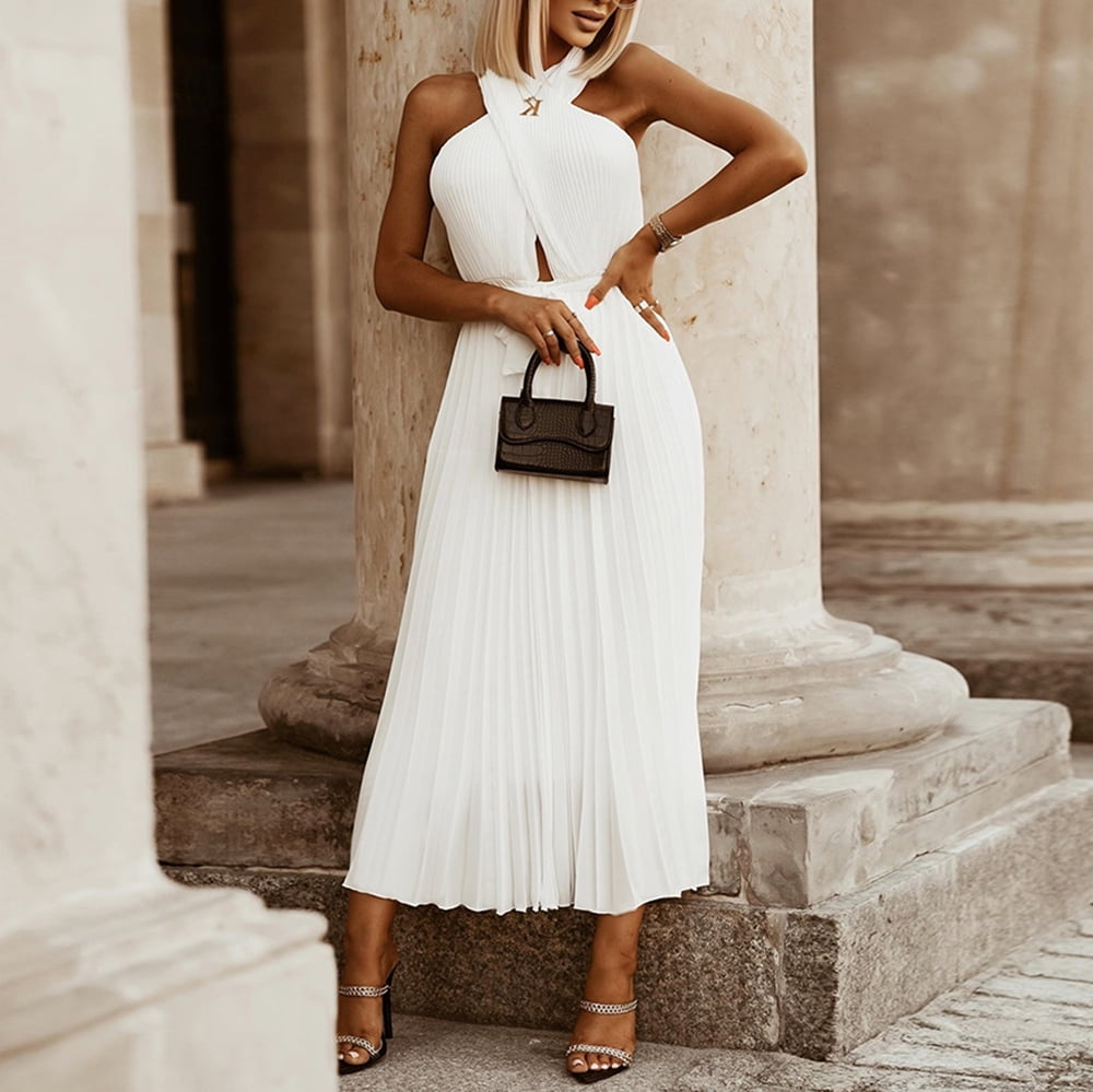 Cross front halter neck dress online