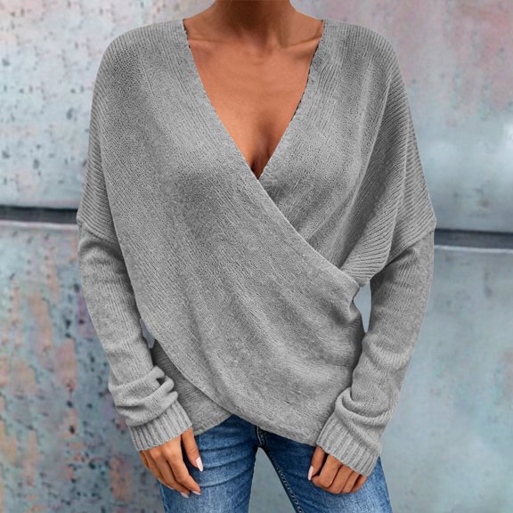 Women's Cross-Front V-Neck Sweater, Long-Sleeve Wrap-Style Knit Pullover, Oversized Loose-Fit Casual Top, Fall/Winter Elegant Sweater Grey XXXL