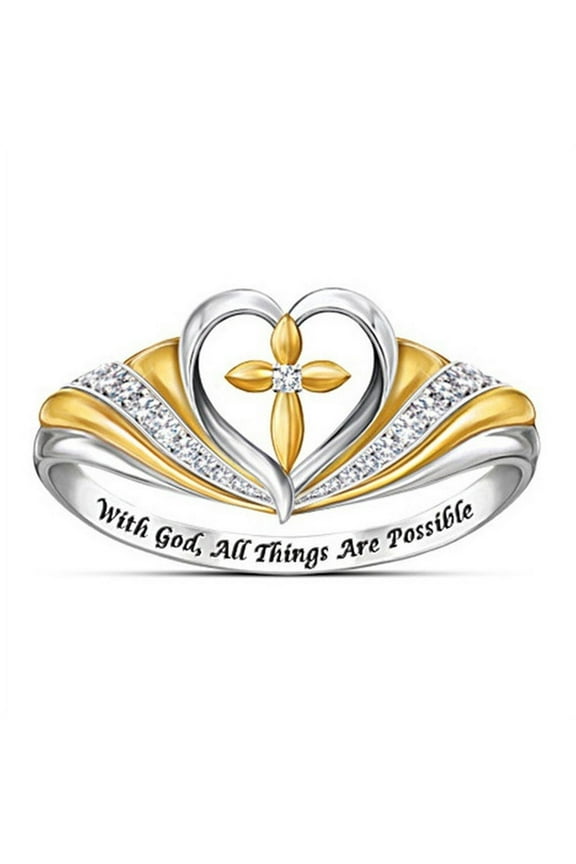 Women's Cross Love Heart-Shaped Micro-Set God Two-Color Ring