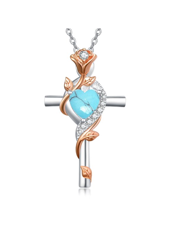 Women's Cross Necklace for Women Sterling Silver Created Turquoise Necklace Rose Cross Pendant Jewelry
