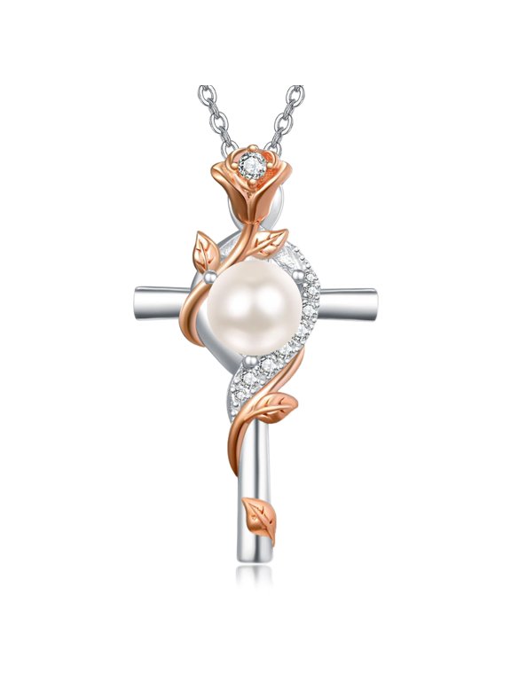Women's Cross Necklace for Women Sterling Silver White Pearl Necklace Rose Cross Pendant Jewelry Catholic Christian Religious Valentines Day Birthday Gifts for Wife Her Mom Mother