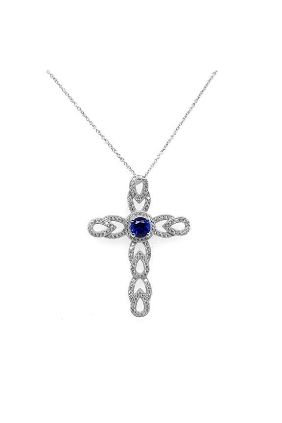 Women's Cross Necklaces Large Royal Blue White Gold Rhodium Finish CZ Glitz Design