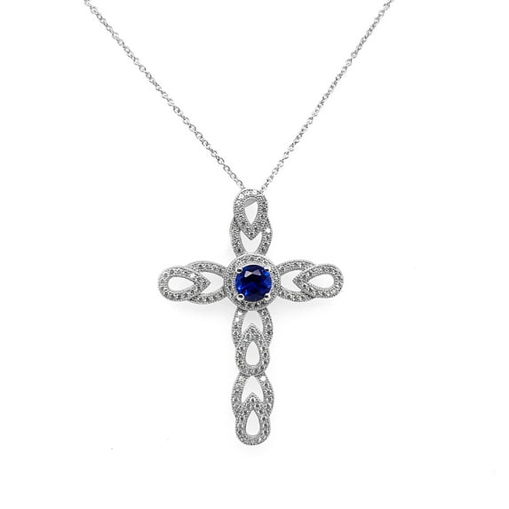 Women's Cross Necklaces Large Royal Blue White Gold Rhodium Finish CZ Glitz Design
