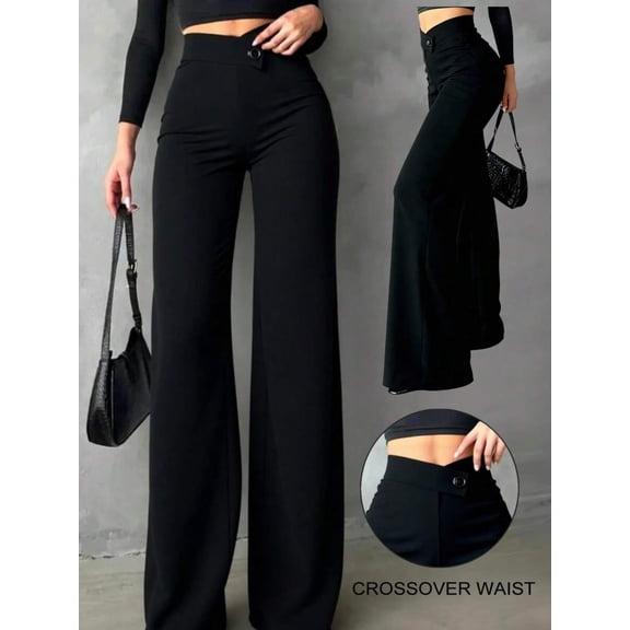 Women's Cross Over Waist Wide Leg Pants, Single Button Closure High Waist Trousers, Elegant Office Commute Daily Date Party Casual Bottoms