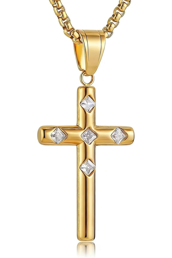 Women's Cross Pendant Necklace - Gold Plated Stainless Steel with Rhinestone Inlaid, Christian Religious Fashion Jewelry for Women