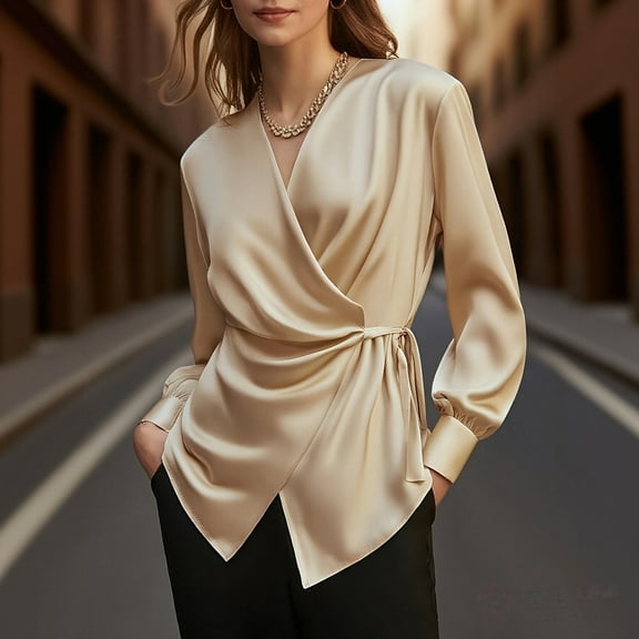 Women's Cross Side Tie Blouse, V-Neck Long Sleeve Shirt with Design Detail, Adjustable Waist Top, Elegant Casual Wear, Work Ready Soft Button Down Gold L