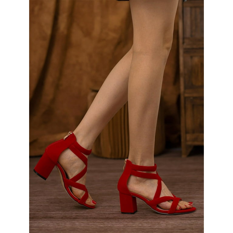 Women s Cross Strap Chunky Heeled Side Zipper Sandals Red EUR42 10.5 Walmart