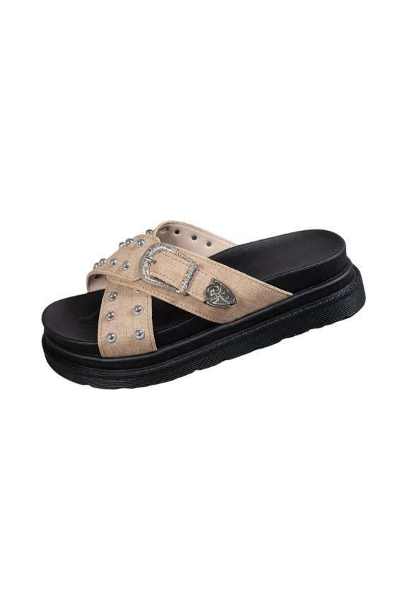 Women's Cross Strap Platform Slides Sandals with Buckle Fashion Comfortable Studded Slip On Non-Slip Beach Mules For Casual Party Date Walking, 36