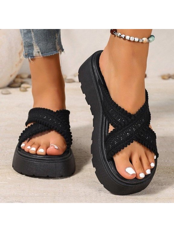Women's Cross Strap Platform Slippers, Height Boosting Woven Summer Sandals, Thick Chunky Cushioned Sole Comfort Slides