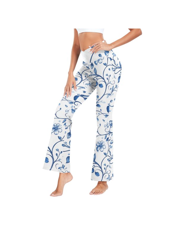 Women's Cross Waist Flared Yoga Pants Blue Floral Designs High Waist 4 Way Stretch Quick Dry Casual Flare Bottoms for Workout Running Daily Wear
