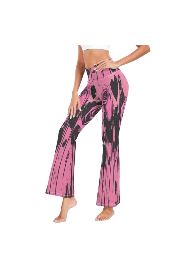 Women's Cross Waist Flared Yoga Pants Gothic Pink Roses Graffiti High Waist 4 Way Stretch Quick Dry Casual Flare Bottoms for Workout Running Daily Wear