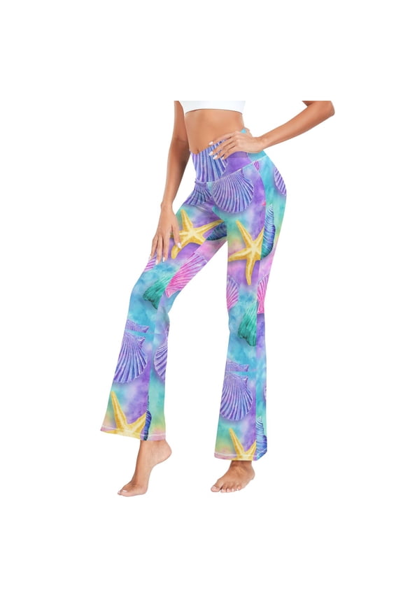 Women's Cross Waist Flared Yoga Pants Magical Seashell Wonderland High Waist 4 Way Stretch Quick Dry Casual Flare Bottoms for Workout Running Daily Wear