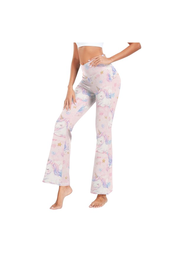 Women's Cross Waist Flared Yoga Pants Magical Unicorn Pink Dreams High Waist 4 Way Stretch Quick Dry Casual Flare Bottoms for Workout Running Daily Wear