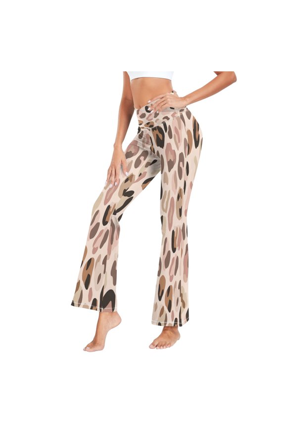 Women's Cross Waist Flared Yoga Pants Natural Tone Leopard Print High Waist 4 Way Stretch Quick Dry Casual Flare Bottoms for Workout Running Daily Wear