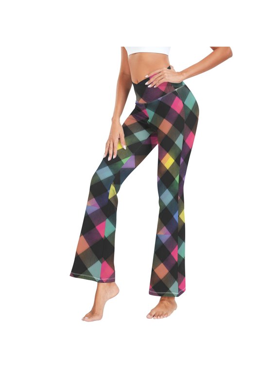 Women's Cross Waist Flared Yoga Pants Neon Rainbow Checkered Pattern High Waist 4 Way Stretch Quick Dry Casual Flare Bottoms for Workout Running Daily Wear