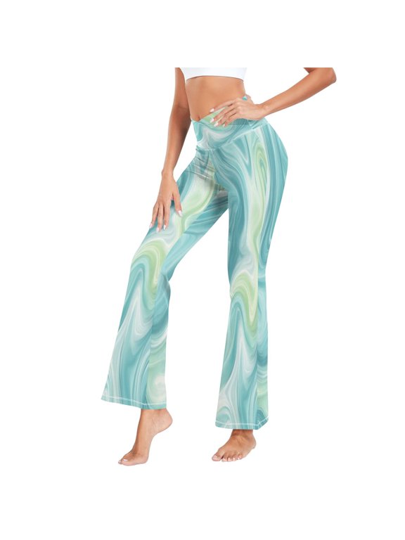 Women's Cross Waist Flared Yoga Pants Oceanic Liquid Marble Design High Waist 4 Way Stretch Quick Dry Casual Flare Bottoms for Workout Running Daily Wear