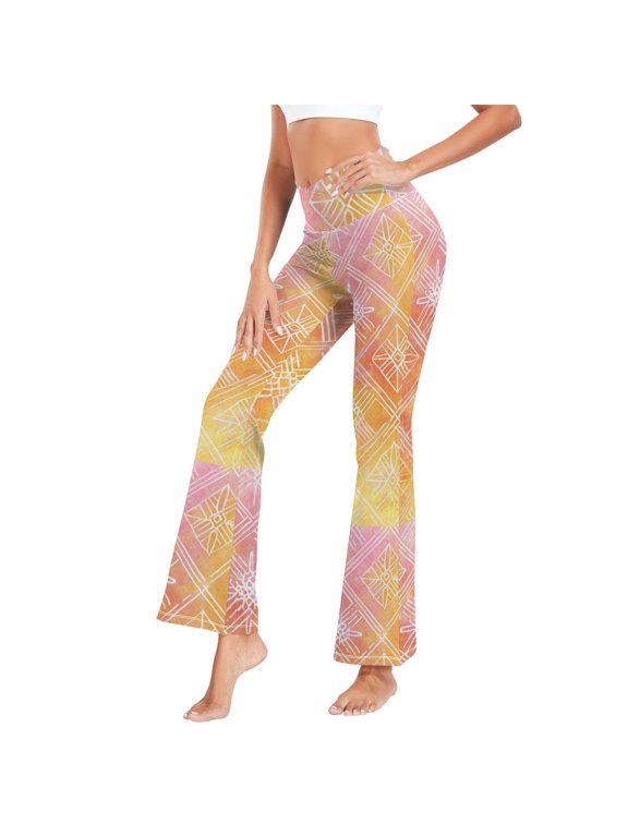 Women's Cross Waist Flared Yoga Pants Orange Watercolor Batik Print High Waist 4 Way Stretch Quick Dry Casual Flare Bottoms for Workout Running Daily Wear