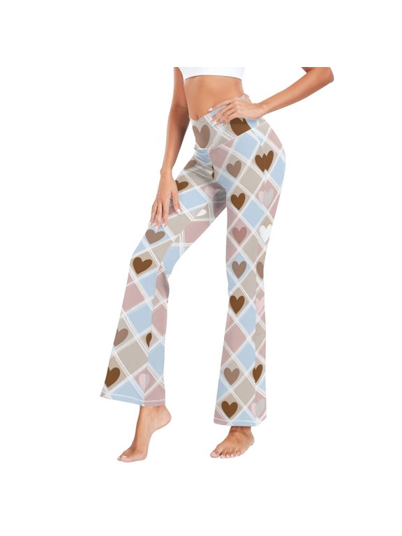 Women's Cross Waist Flared Yoga Pants Pastel Heart Argyle Pattern High Waist 4 Way Stretch Quick Dry Casual Flare Bottoms for Workout Running Daily Wear