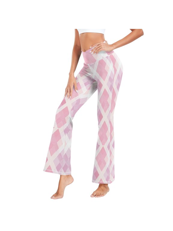 Women's Cross Waist Flared Yoga Pants Pink Purple Argyle Plaid High Waist 4 Way Stretch Quick Dry Casual Flare Bottoms for Workout Running Daily Wear
