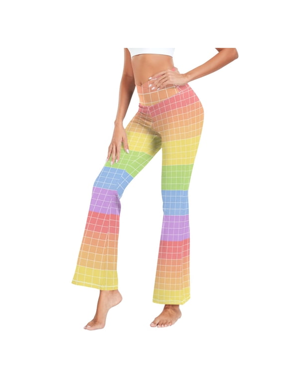 Women's Cross Waist Flared Yoga Pants Rainbow Grid Seamless Pattern High Waist 4 Way Stretch Quick Dry Casual Flare Bottoms for Workout Running Daily Wear