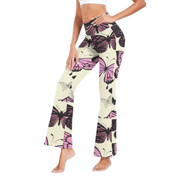 Women's Cross Waist Flared Yoga Pants Retro Pink Butterfly Art High Waist 4 Way Stretch Quick Dry Casual Flare Bottoms for Workout Running Daily Wear