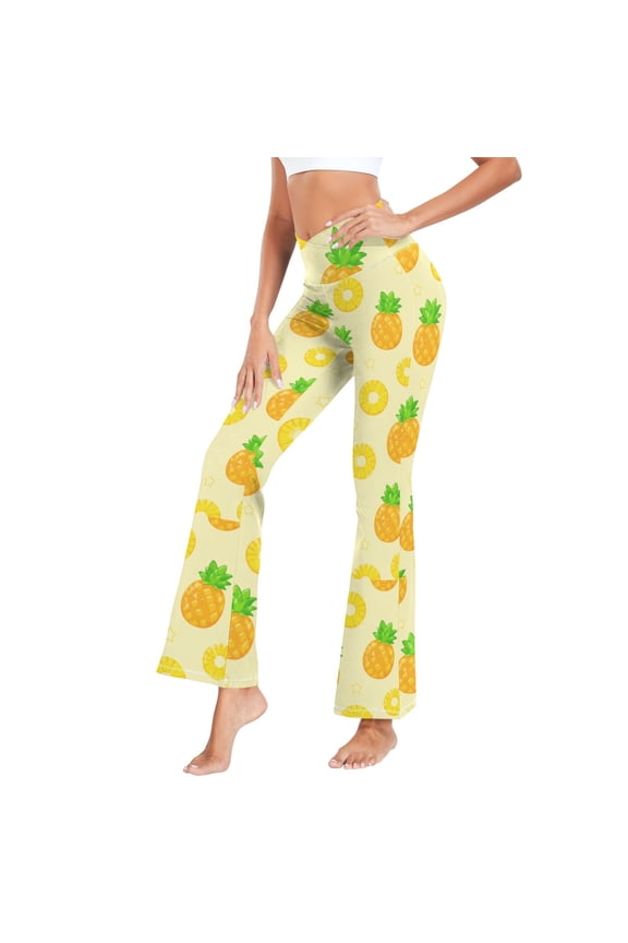 Women's Cross Waist Flared Yoga Pants Tropical Pineapple Star Print High Waist 4 Way Stretch Quick Dry Casual Flare Bottoms for Workout Running Daily Wear