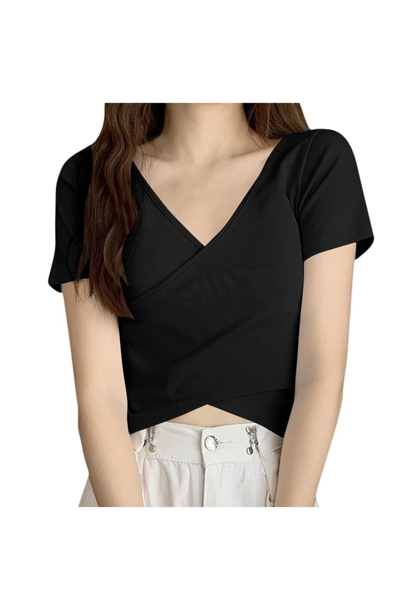Women's Cross Wrap Crop Shirt Summer Slim Fit Short Sleeve V-Neck Tops Trendy Going Out Top Black