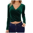 thumbnail image 1 of Women's Cross Wrap V Neck Long Sleeve Ruched Fitted Velvet Blouse Shirt Top, 1 of 5