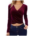 thumbnail image 1 of Women's Cross Wrap V Neck Long Sleeve Ruched Fitted Velvet Blouse Shirt Top, 1 of 5