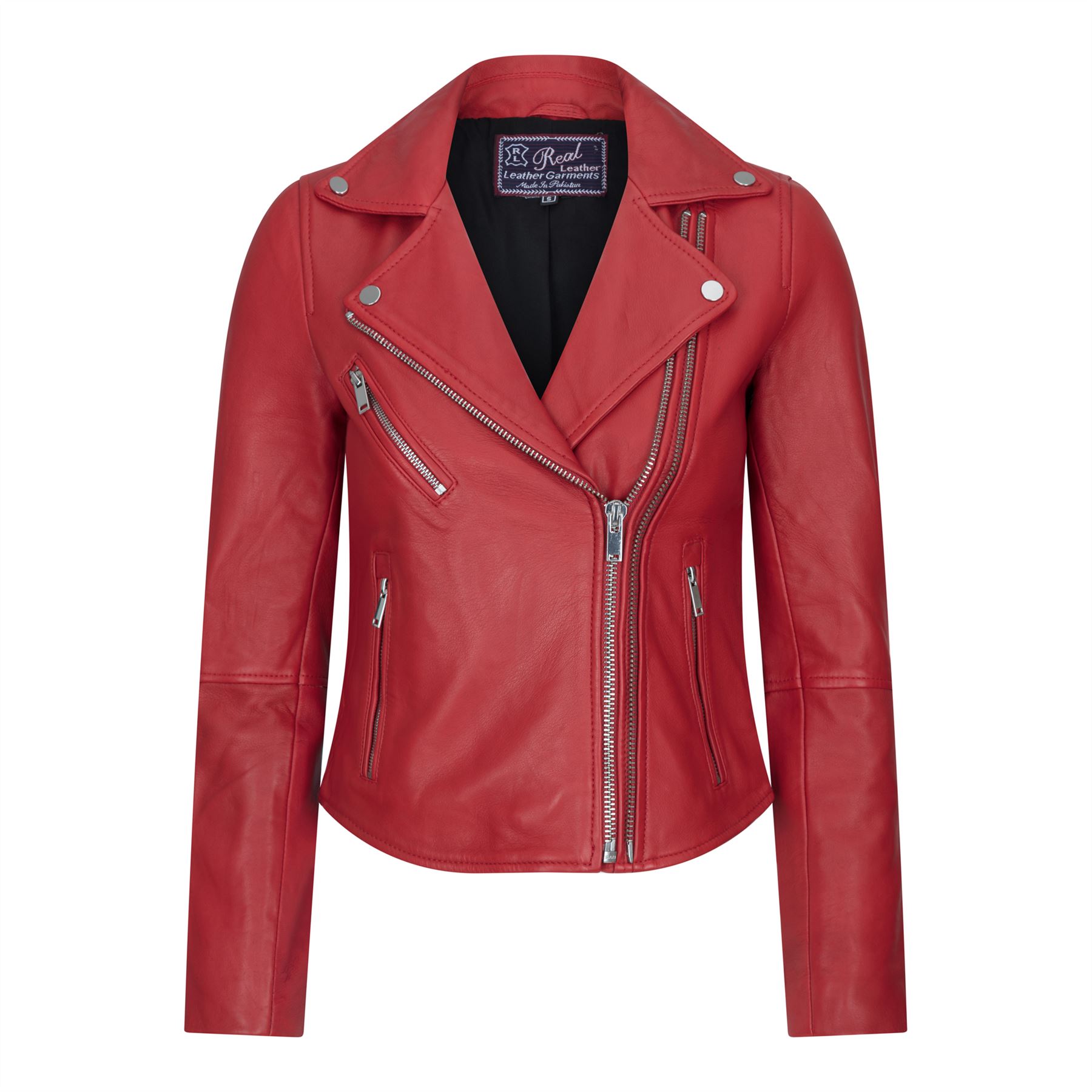 Women's Cross Zip Biker Leather Jacket Red Black | Infinity