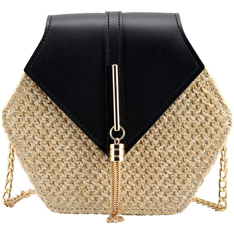 Leather Cross Woven Clutch Bag with Gold Chain