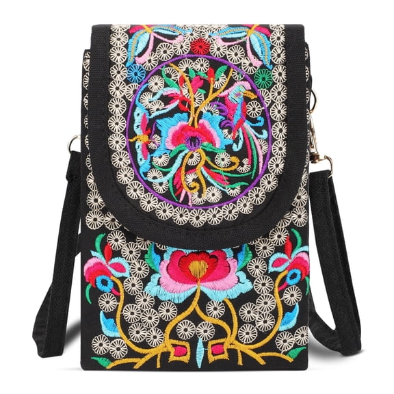 Women's Crossbody Cell Phone Bag, TSV Handmade Embroidered Vintage Small Purse, Coin Pouch Wallet with Adjustable Strap